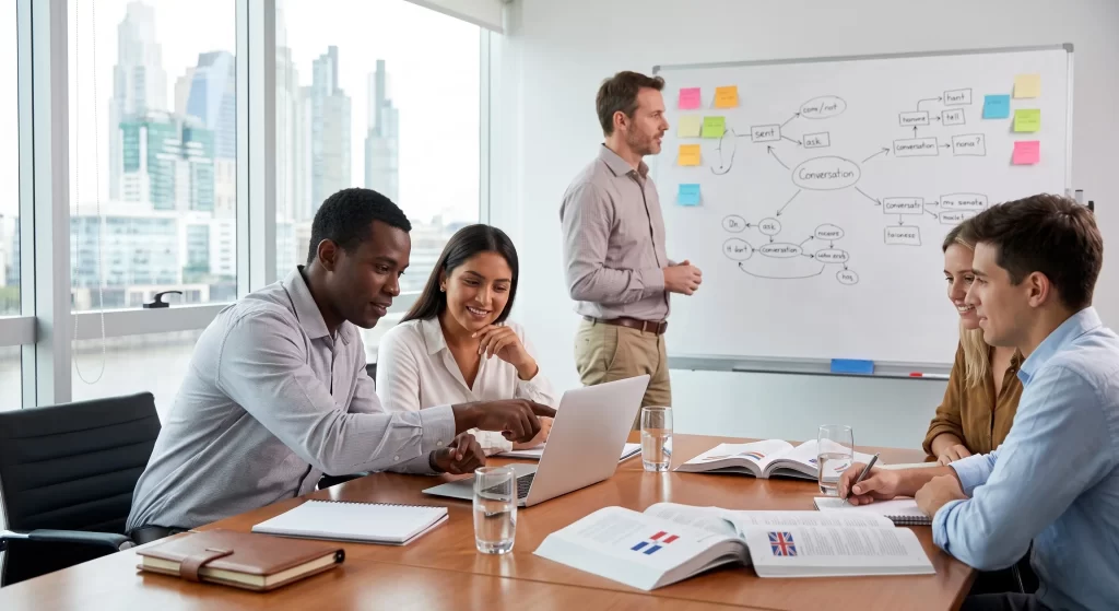 Equipo de profesionales en una reunión de negocios participando de una capacitación corporativa en idiomas en Buenos Aires.