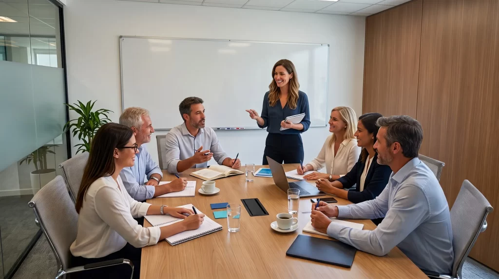 Grupo de ejecutivos en una oficina de Buenos Aires participando en los cursos de inglés para empresas dictados por profesionales de BESPOKE.