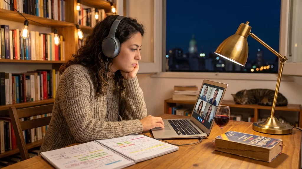 Ejecutivos internacionales y profesionales participando en cursos online de español para extranjeros dictados por BESPOKE.