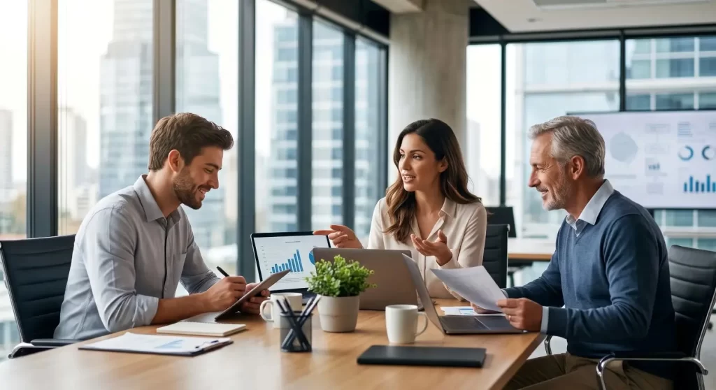 Profesionales participando en un curso de inglés corporativo para empresas en una sala de reuniones.